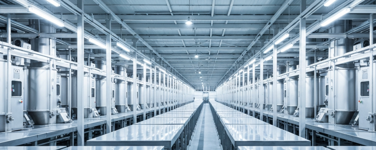 Silberverarbeitungsanlage mit glänzenden Stahlanlagen unter kühlem Industrielicht