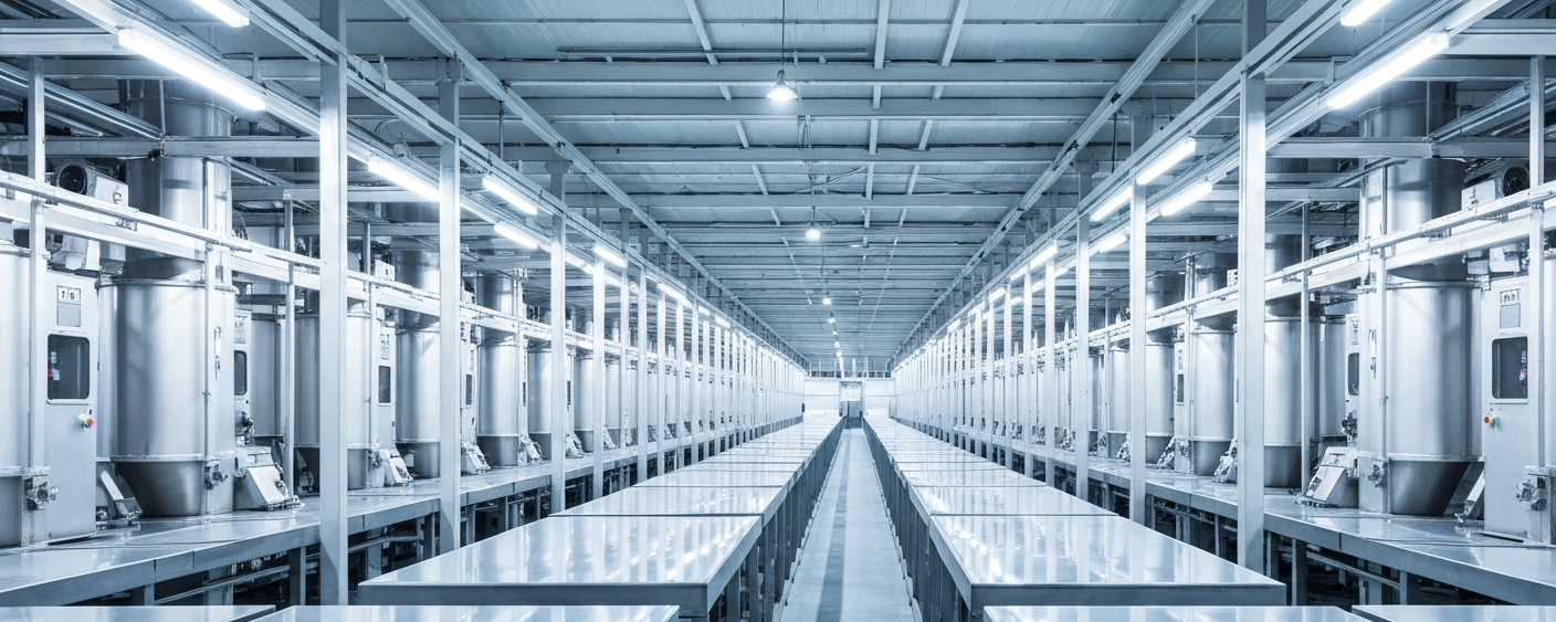 Silberverarbeitungsanlage mit glänzenden Stahlanlagen unter kühlem Industrielicht