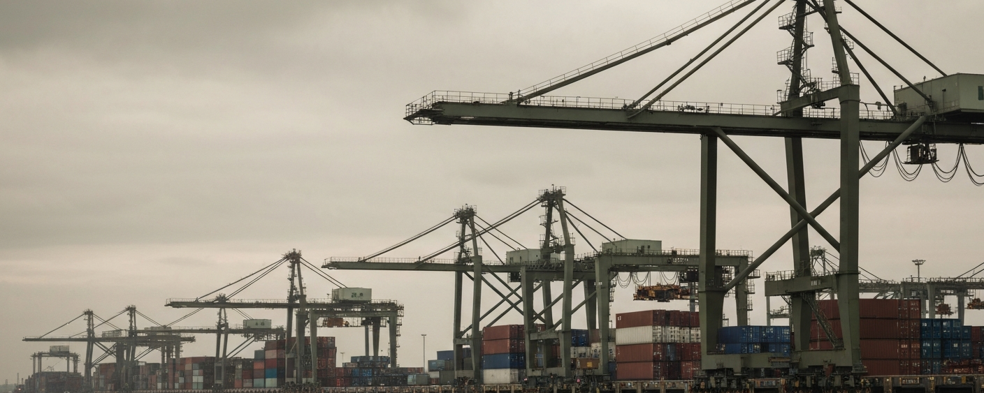 Industriehafen mit Containerkränen unter bewölktem Himmel – Standort für SMR-Machbarkeitsstudie