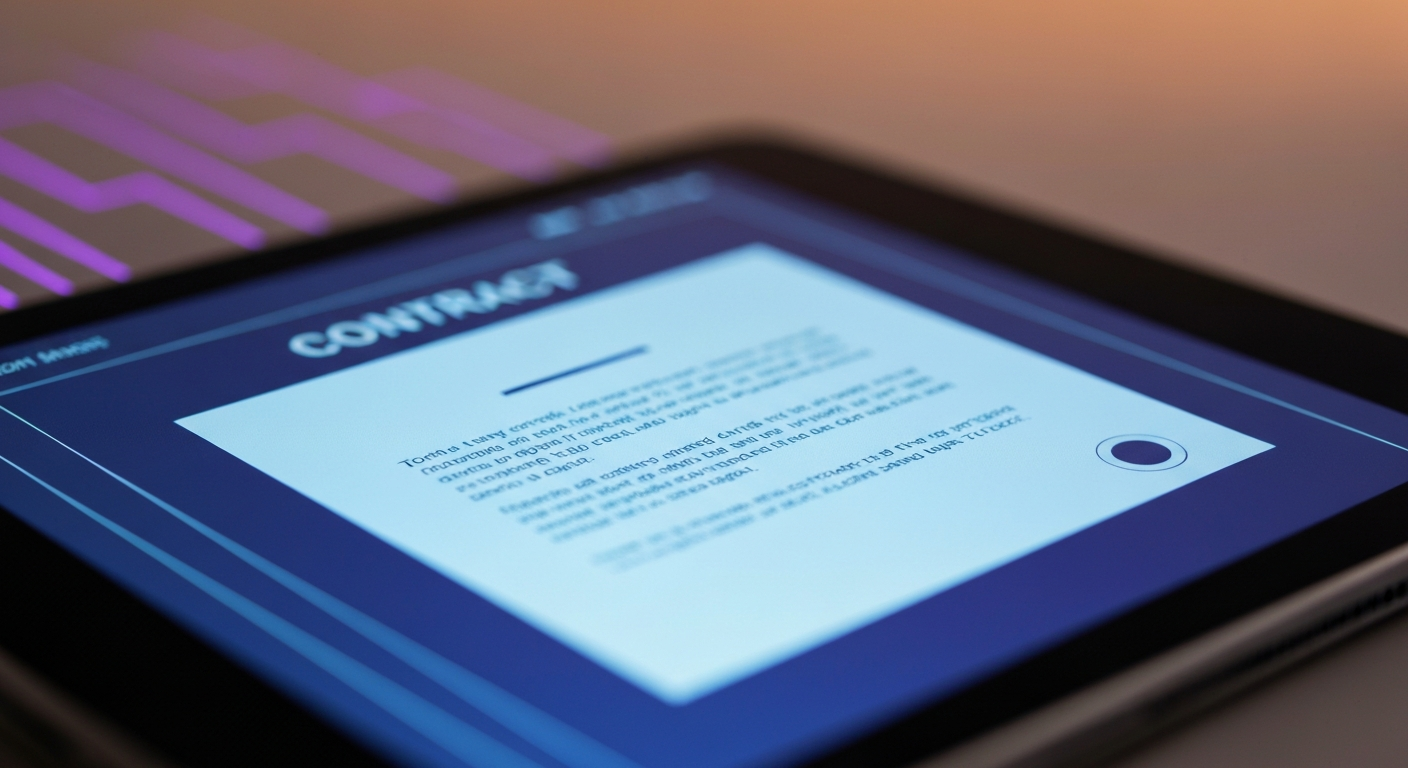 Tablet mit digitalem Vertragsformular in Blau-Cyan-Farbgebung, symbolisch für indigene Partnerschaftsvereinbarung