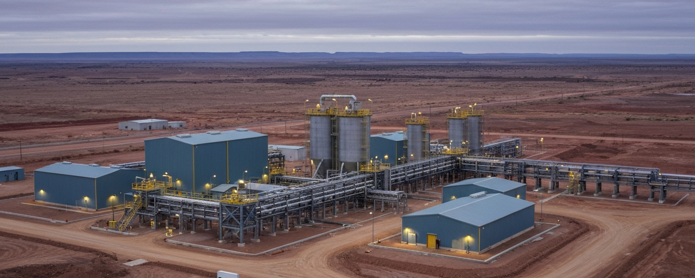 Uranium processing facility in a semi-arid landscape under an overcast sky, industrial steel-blue and gray color palette
