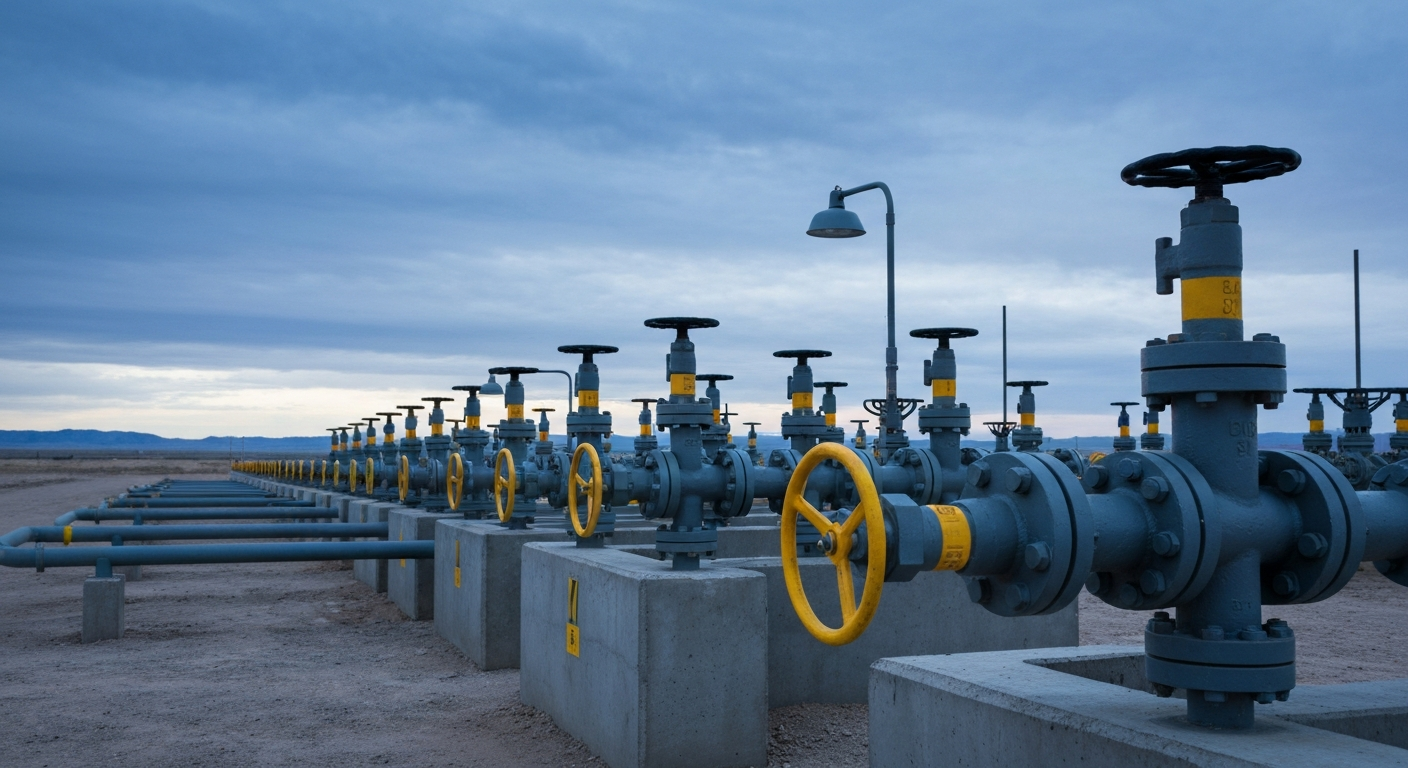 ISR wellfield in a flat Wyoming desert landscape with industrial wellhead equipment under a blue sky