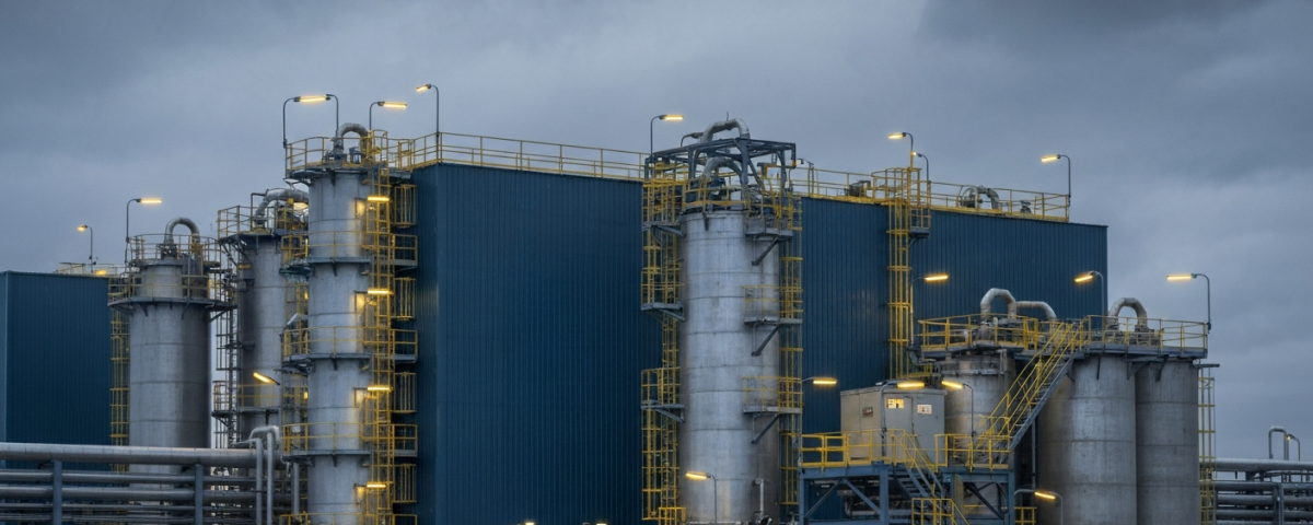 Uranverarbeitungsanlage unter bewölktem Himmel in stahl-blauer und betongrauer Industrieatmosphäre
