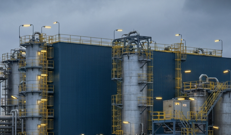 Uranverarbeitungsanlage unter bewölktem Himmel in stahl-blauer und betongrauer Industrieatmosphäre