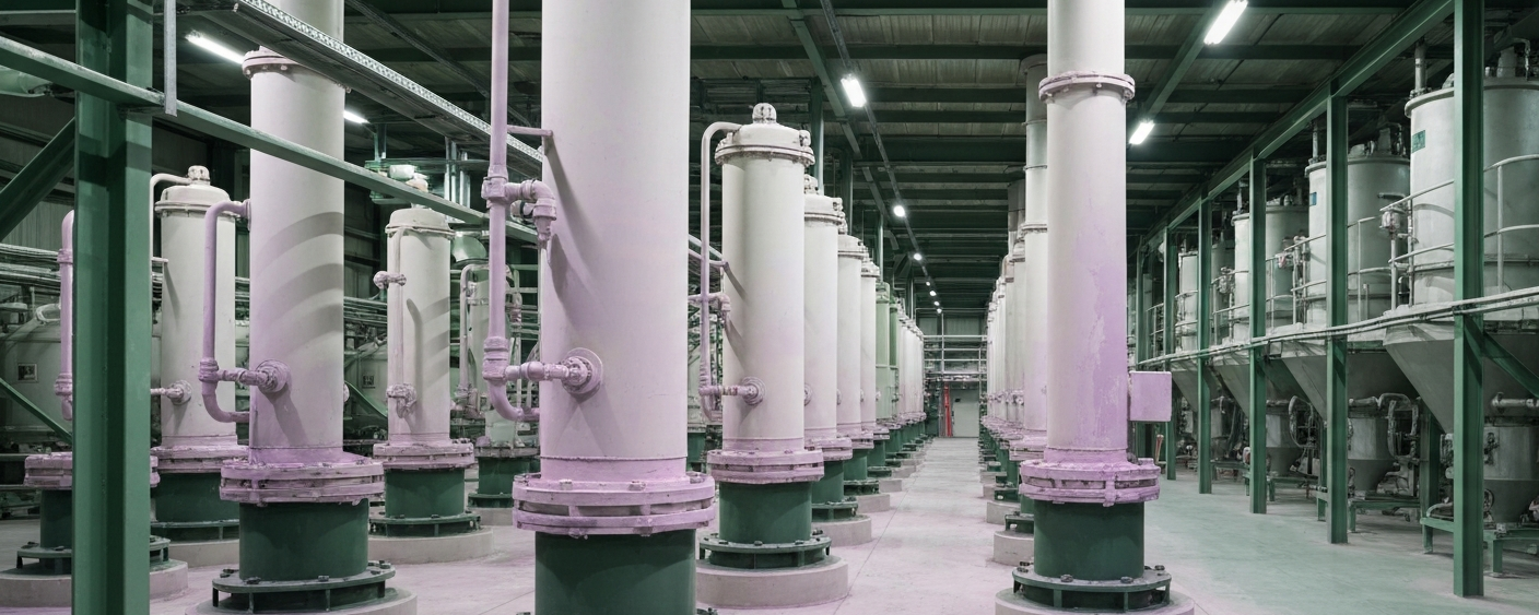 Interior view of a rare earth processing facility with extraction columns in muted green and white tones
