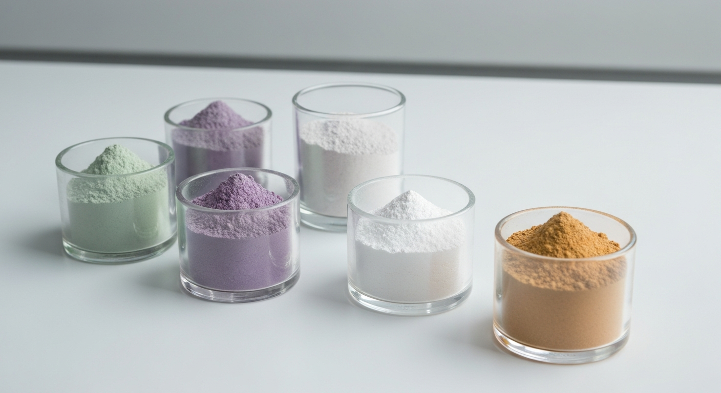 Rare earth oxide samples in glass containers on a laboratory bench in various muted colors