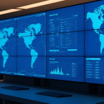 Modernes Datenzentrum mit blauen Bildschirmen und Mineralressourcenkarten in elektrischem Cyan