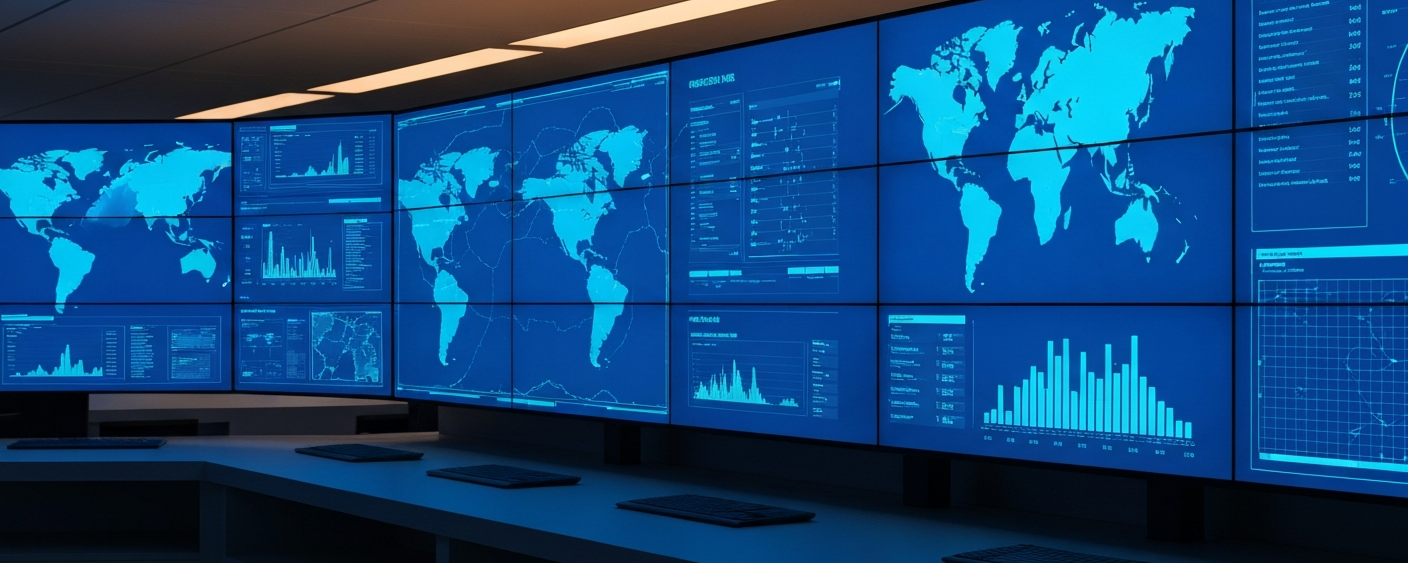 Modernes Datenzentrum mit blauen Bildschirmen und Mineralressourcenkarten in elektrischem Cyan