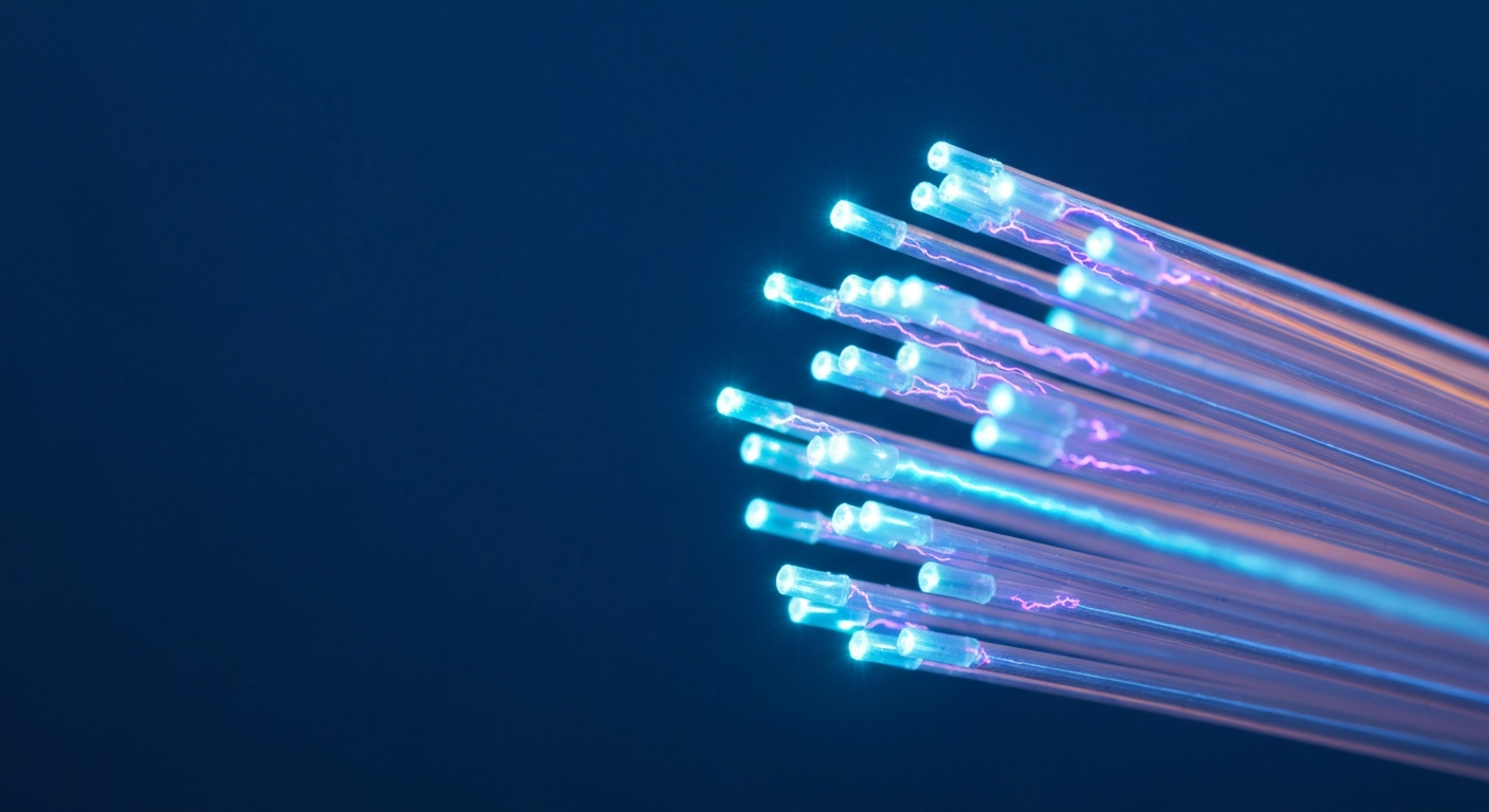 Nahaufnahme eines Glasfaserkabels mit cyan-violettem Licht als Symbol für Informationsflüsse