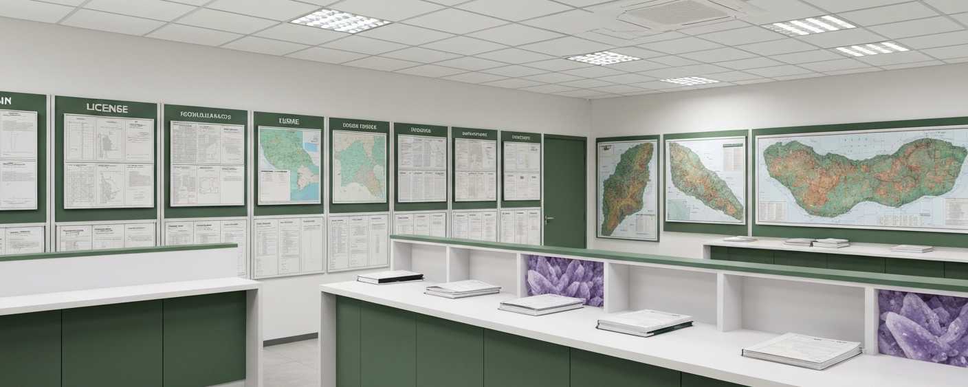 Büro einer afrikanischen Bergbaubehörde mit geologischen Karten und Lizenzdokumenten an den Wänden
