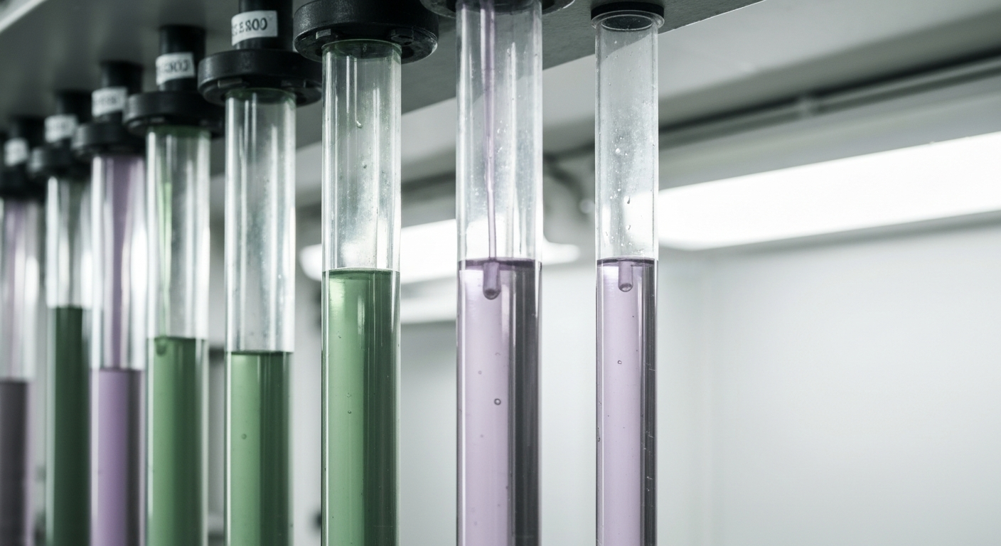 Extraktionskolonnen in einer Mineralverarbeitungsanlage mit farbigen Flüssigkeiten in der Trennstufe
