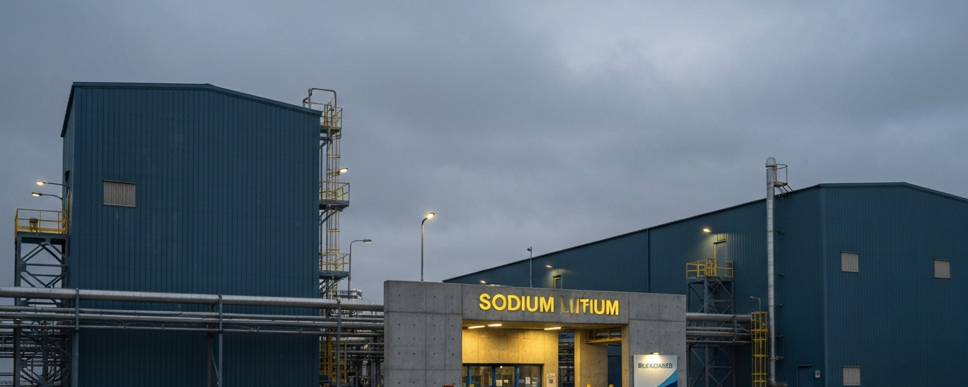 Industrielle Lithiumverarbeitungsanlage unter bewölktem Himmel in blaugrauer Farbpalette