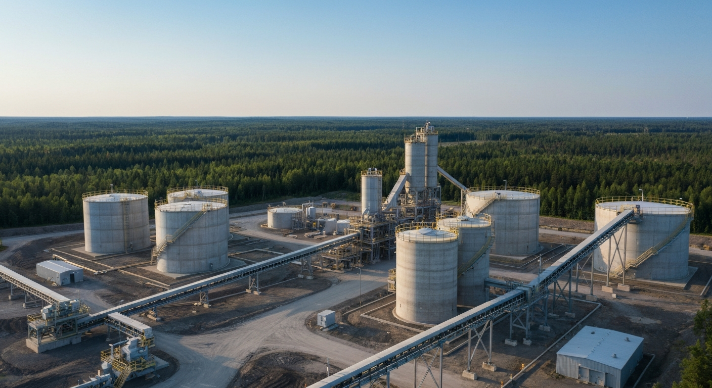 Luftaufnahme einer Lithium-Aufbereitungsanlage mit Fördersystemen im Waldgebiet
