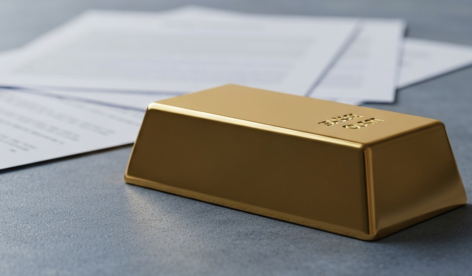 Polierter Goldbarren auf grauer Betonoberfläche symbolisiert Royalty- und Streaming-Strukturen im Edelmetallsektor