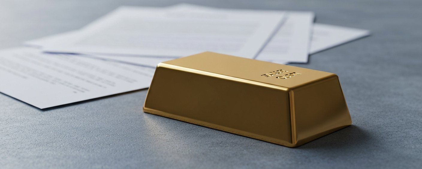 Polished gold bar on a gray concrete surface symbolizing royalty and streaming structures in the precious metals sector