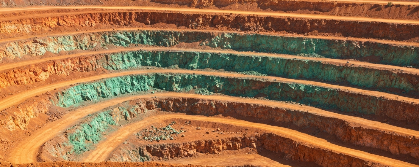 Luftaufnahme eines Kupfertagebaus mit rötlich-orangen Erzwänden und grünlichen Malachitspuren in Afrika