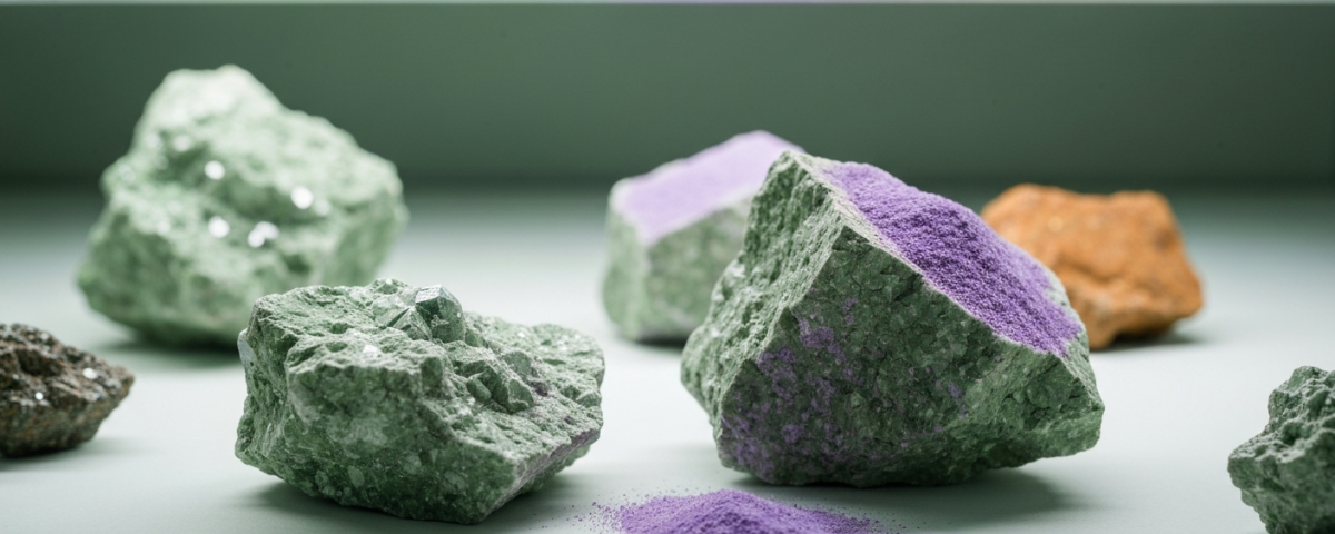 Mineralproben in Labourumgebung – matte Grün- und Weißtöne mit mineralischen Spuren