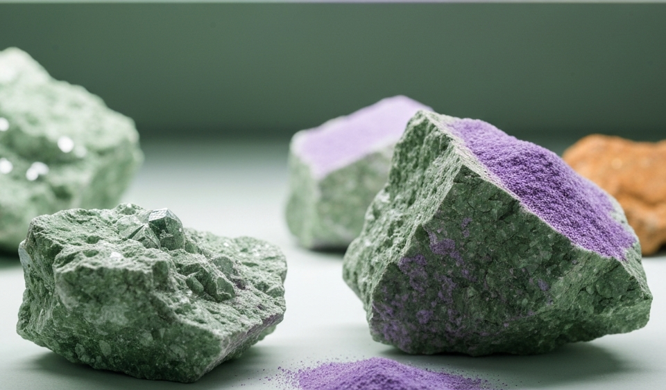 Mineralproben in Labourumgebung – matte Grün- und Weißtöne mit mineralischen Spuren