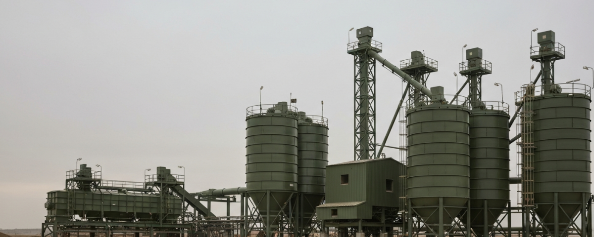 Industrielle Aufbereitungsanlage für Seltenerdmineralien unter bedecktem Himmel in gedämpften Grau- und Grüntönen