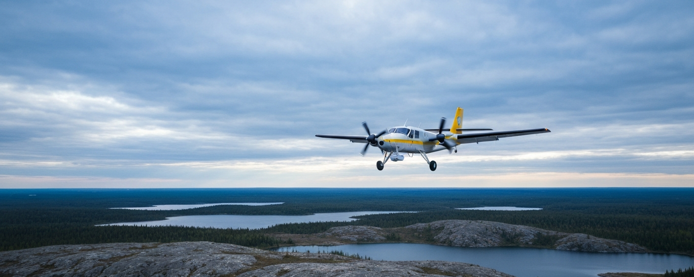 Geophysikalisches Surveyflugzeug über dem westlichen Athabasca-Becken bei bedecktem Himmel