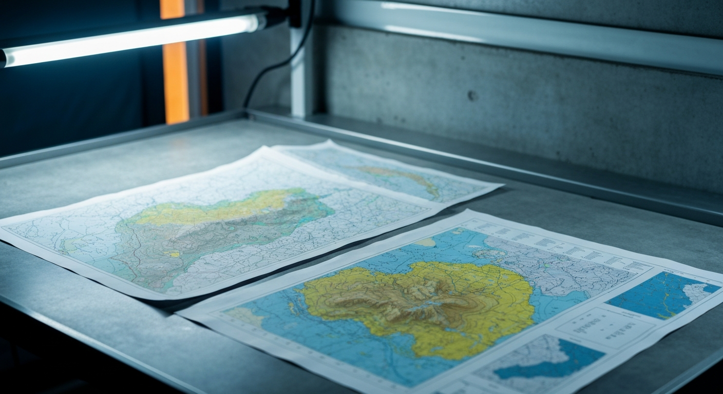 Geologen-Arbeitsstation mit geophysikalischen Karten und EM-Anomalie-Auswertungen im Feldcamp