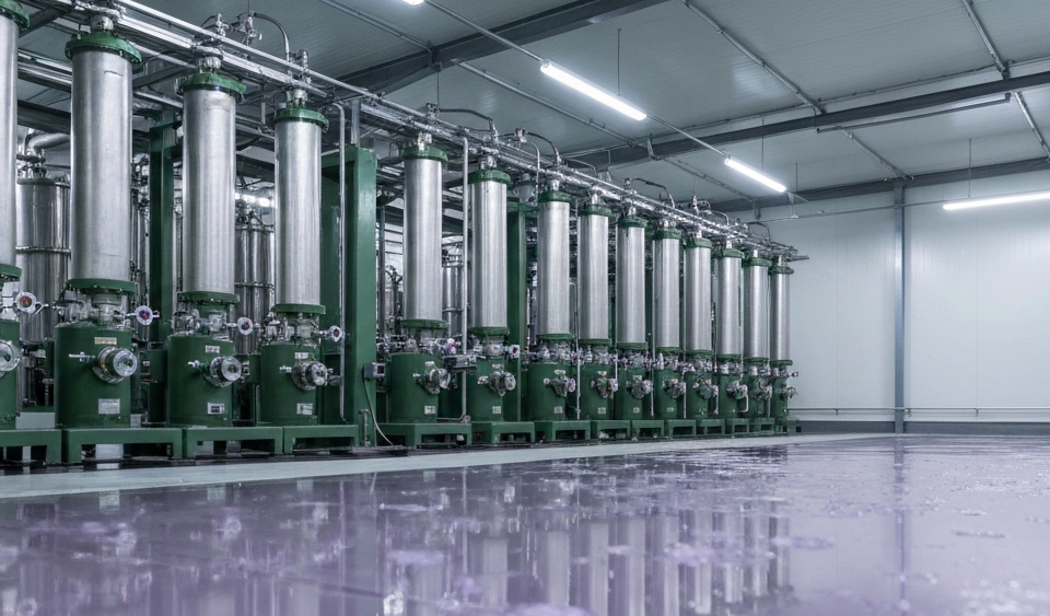 Solvent-Extraction-Anlage für Seltene Erden mit Separationskolonnen in kühlem Industrielicht