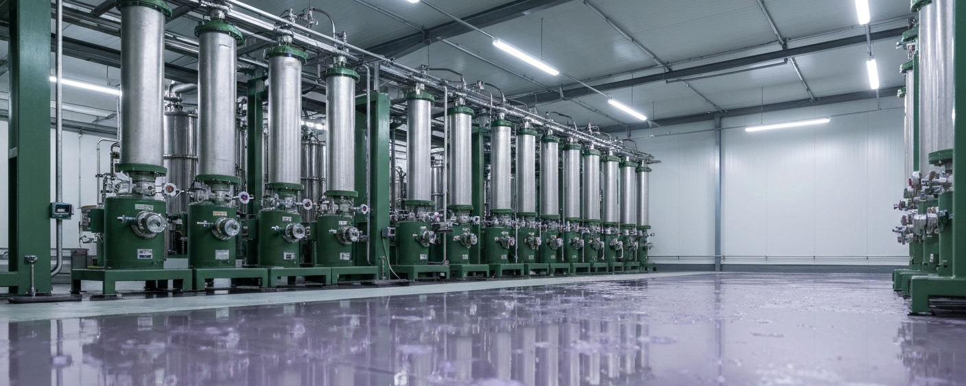 Solvent-Extraction-Anlage für Seltene Erden mit Separationskolonnen in kühlem Industrielicht