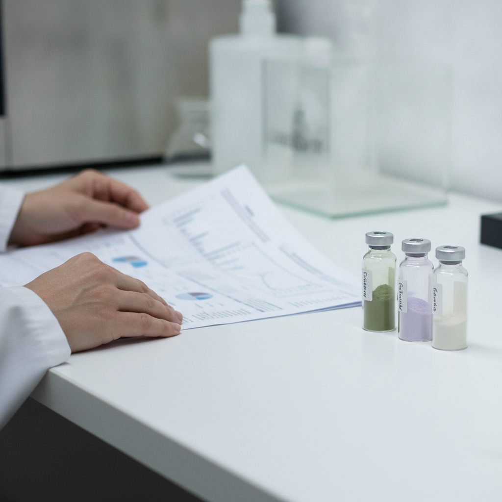 Technischer Bericht und REE-Oxidproben auf einem sauberen Labortisch