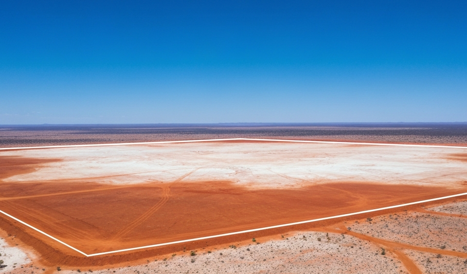 Luftaufnahme eines Explorationsgebiets im australischen Outback mit weitläufiger Landschaft und blauem Himmel