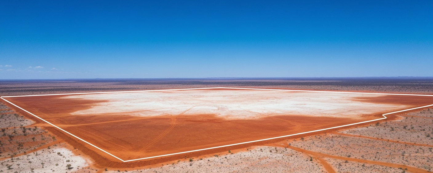 Luftaufnahme eines Explorationsgebiets im australischen Outback mit weitläufiger Landschaft und blauem Himmel
