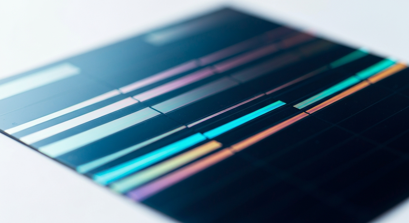 Siliziumwafer mit cyan-magenta Interferenzfarben unter Reinraumlicht