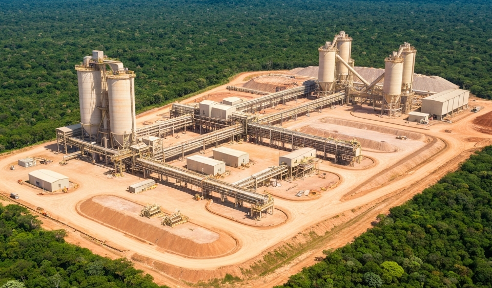Luftaufnahme einer Mineralaufbereitungsanlage in tropischer Umgebung, helles Tageslicht