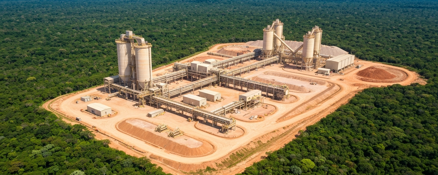 Luftaufnahme einer Mineralaufbereitungsanlage in tropischer Umgebung, helles Tageslicht