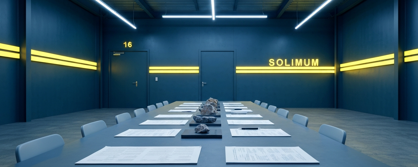 Konferenzraum mit Vertragsdokumenten und Erzproben, symbolisch für Investorenrechtsabkommen im Bergbausektor