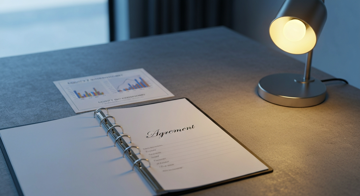 Unterzeichneter Vertragsbinder auf Betonschreibtisch mit Beteiligungsdiagramm, symbolisch für Top-Up-Rechte