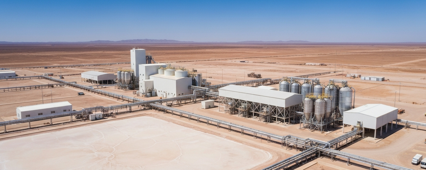 Lithiumverarbeitungsanlage in arider Landschaft aus der Vogelperspektive bei hellem Tageslicht