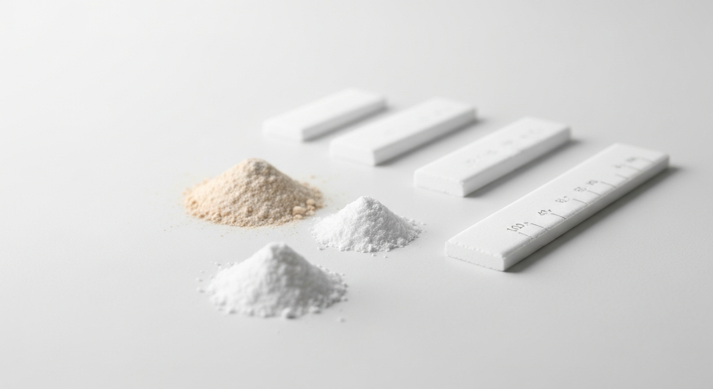 Lithiumkarbonat-Pulver in abgemessenen Portionen auf weißer Laborfläche