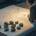 Geologe analysiert Konzessionskarte mit Goldproben auf einem Tisch