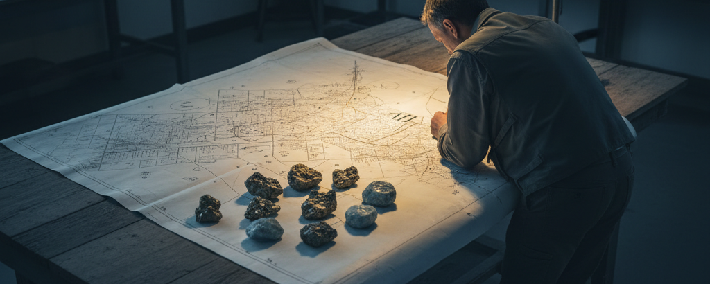Geologe analysiert Konzessionskarte mit Goldproben auf einem Tisch