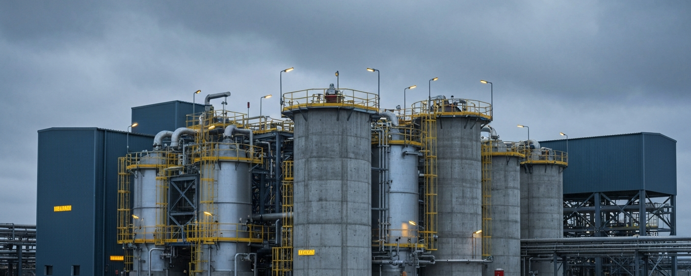 Uranium processing facility under a cloudy sky in steel-blue and concrete-gray tones