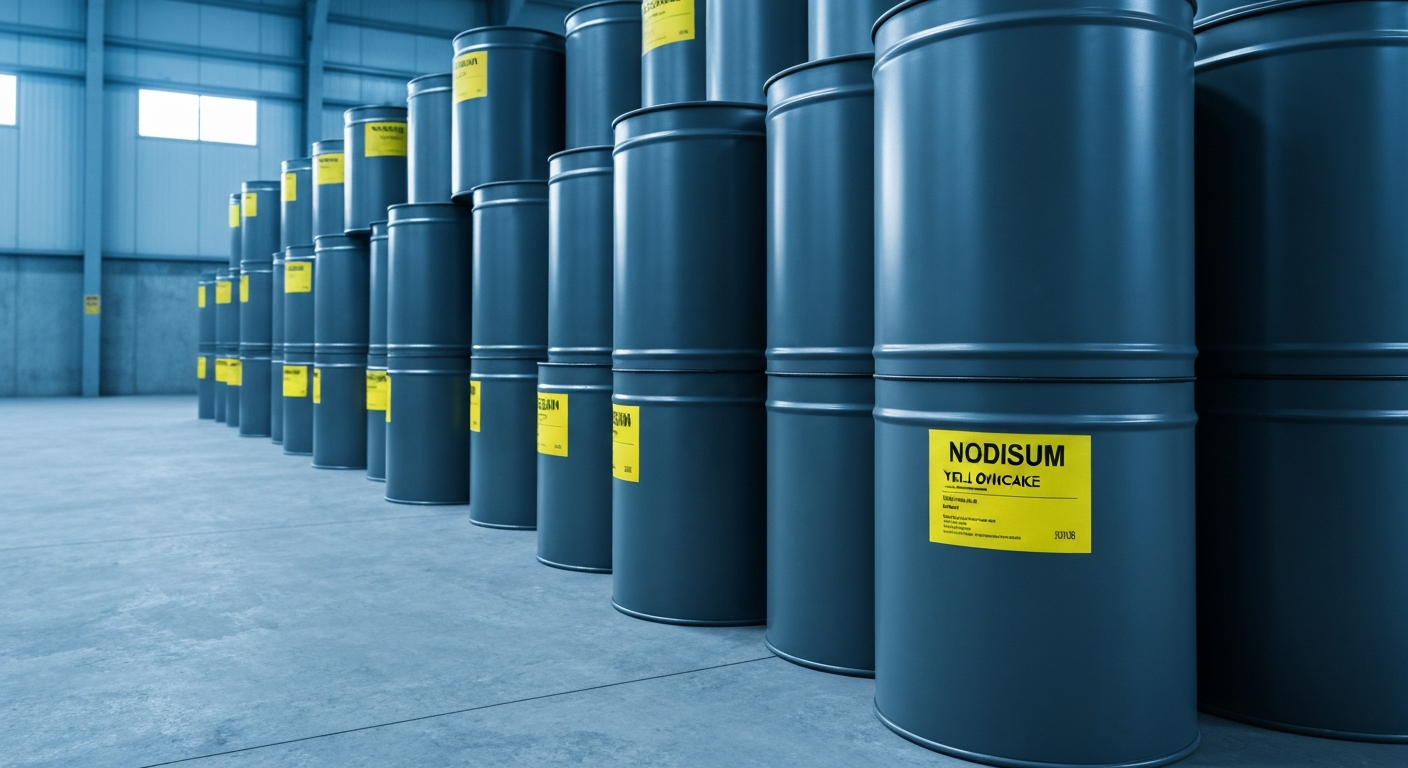 Yellowcake drums stacked on a concrete floor in a uranium mill