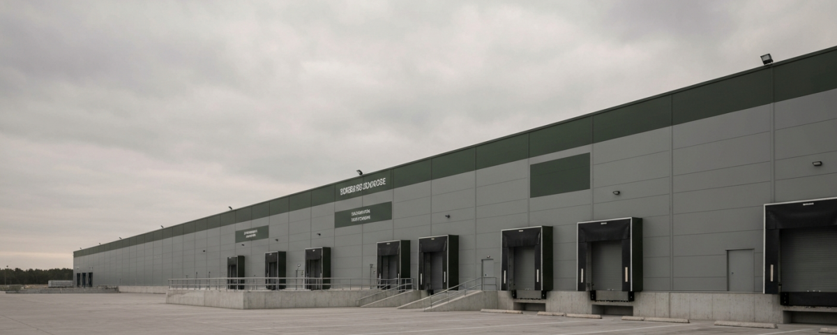 Industrielle Logistikanlage unter bedecktem Himmel, militärgrüne Fassade