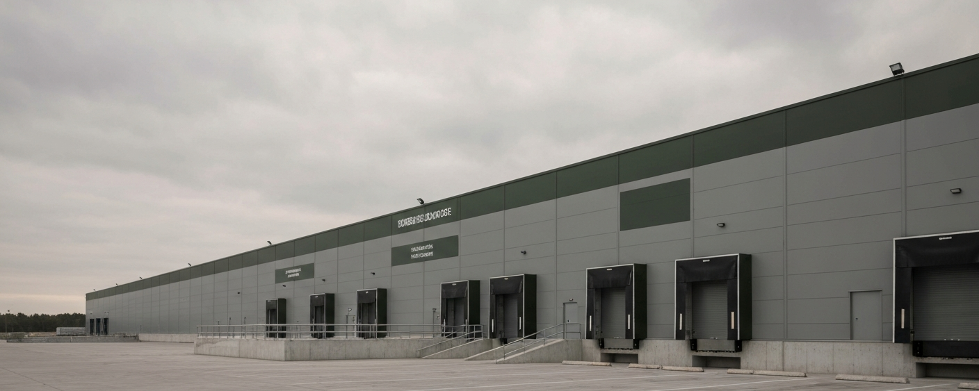 Industrielle Logistikanlage unter bedecktem Himmel, militärgrüne Fassade