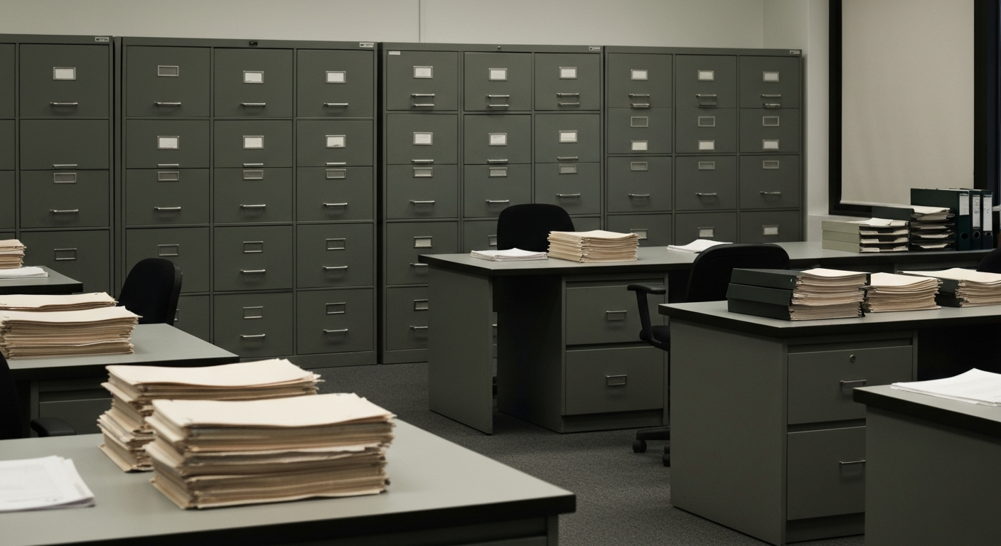 Behördliches Büro mit Aktenmappen, gedämpfte Grüntöne und Grau
