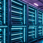 Vanadium-Redox-Batterieanlage in einem Rechenzentrum mit cyan-blauer LED-Beleuchtung