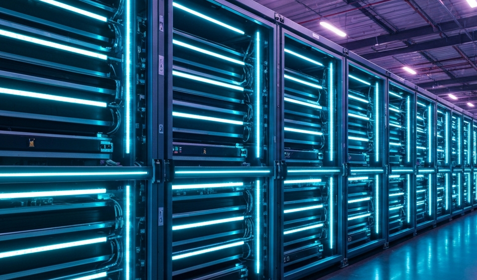 Vanadium-Redox-Batterieanlage in einem Rechenzentrum mit cyan-blauer LED-Beleuchtung