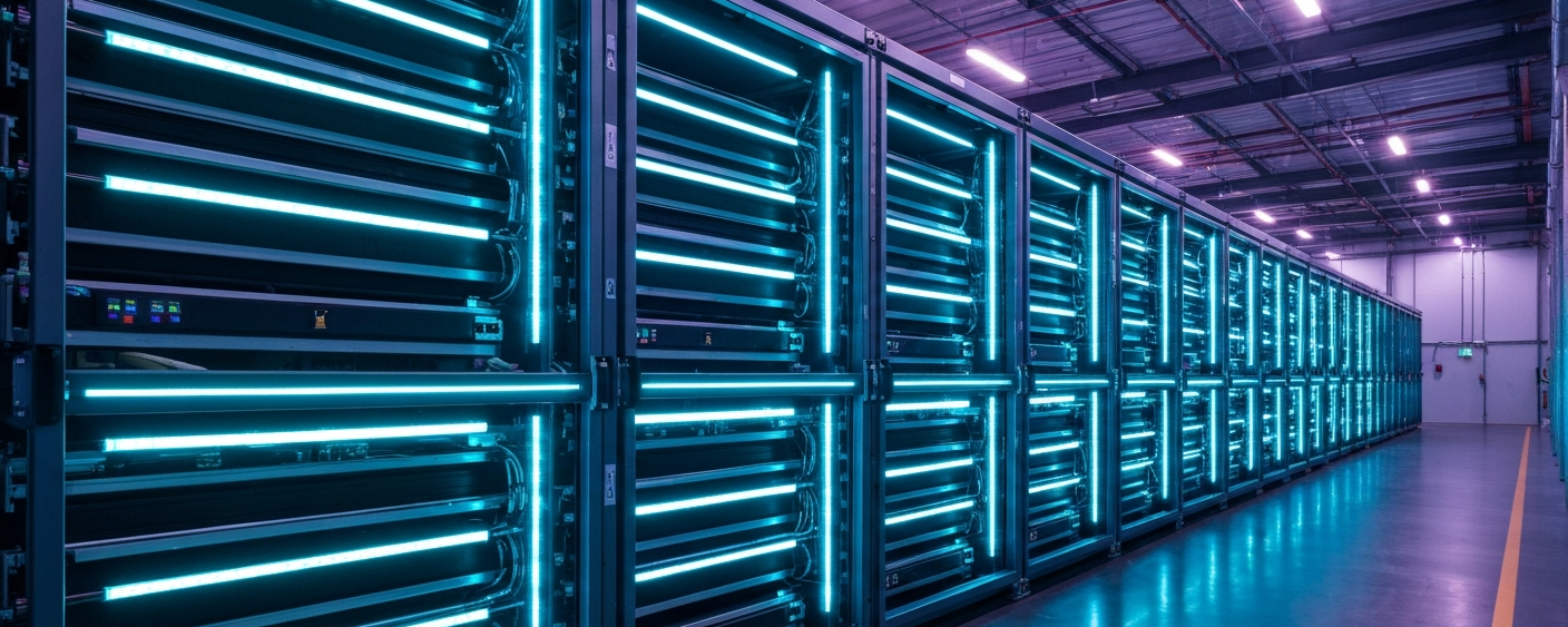 Vanadium-Redox-Batterieanlage in einem Rechenzentrum mit cyan-blauer LED-Beleuchtung