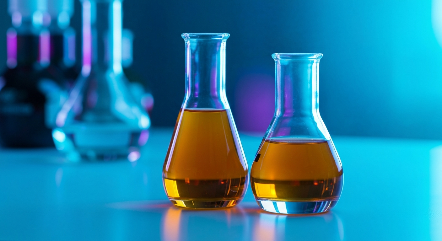 Laborprobe von Vanadium-Elektrolyt in Glasgefäß unter kühlem blau-lila Licht