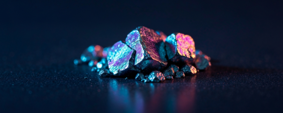 Titandioxid-Pulver unter Laborbedingungen mit cyan-magentafarbener Lichtbrechung auf metallischen Mineralkörnern