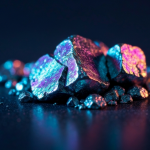 Titandioxid-Pulver unter Laborbedingungen mit cyan-magentafarbener Lichtbrechung auf metallischen Mineralkörnern